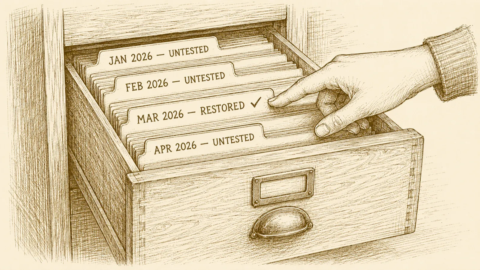A filing drawer of dated backup folder tabs, most marked "untested" and one marked "restored ✓"; a hand reaches toward the tested one.
