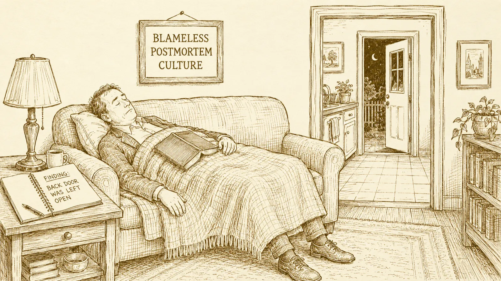 A man asleep on a sofa under a blanket, beneath a framed sign reading "Blameless Postmortem Culture"; on a side table, an open notebook shows the finding "back door was left open."