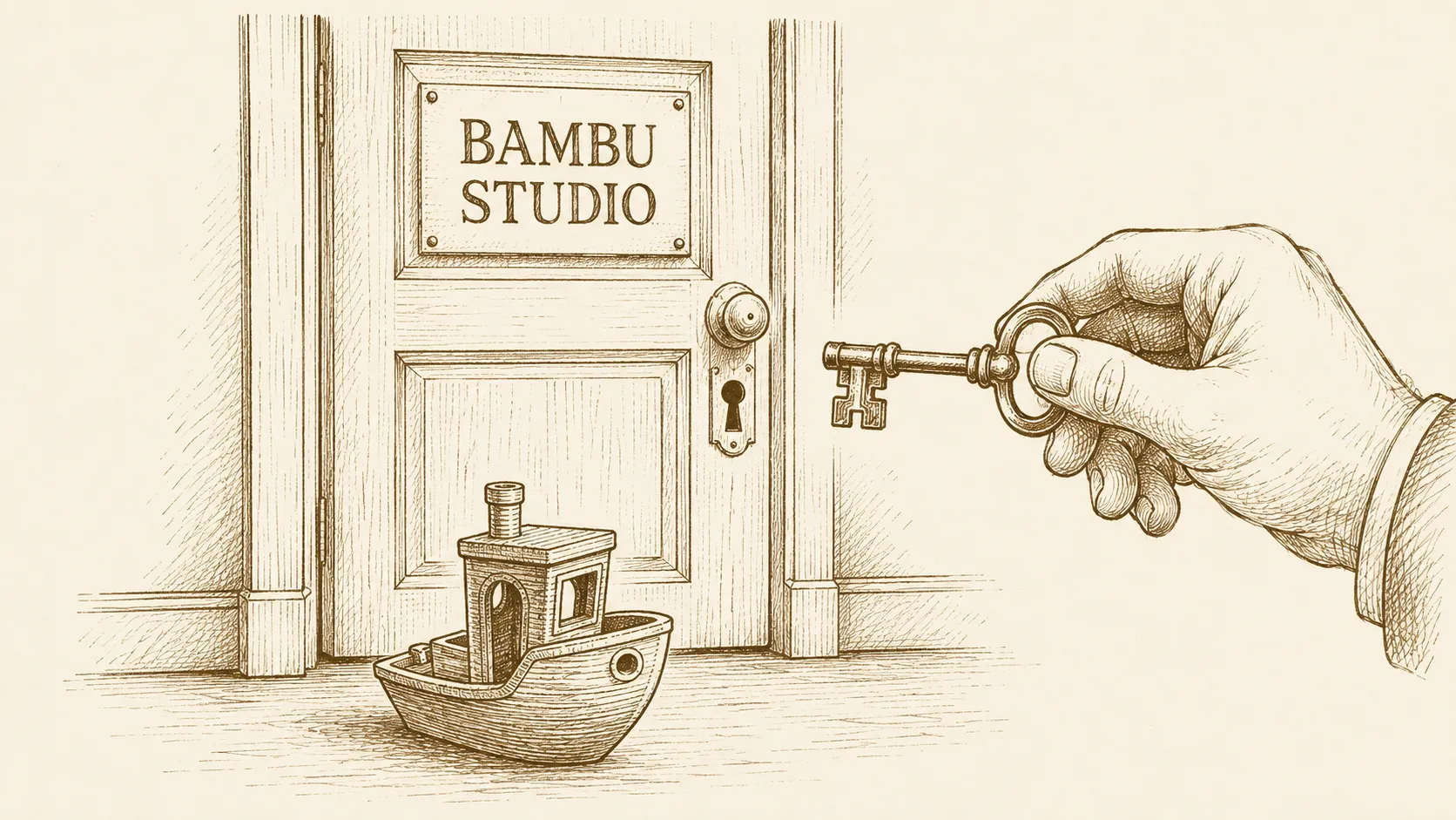An ink sketch of a closed door marked "Bambu Studio" with a 3D-printed object in front of it and a hand holding a key that doesn't fit.