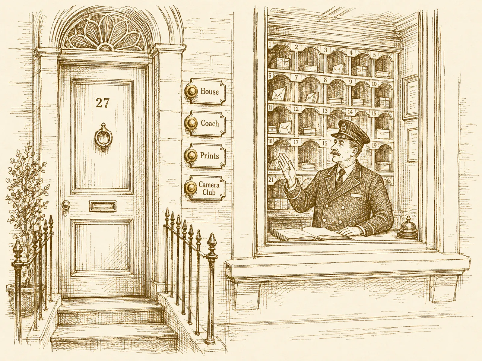 A townhouse front door with multiple labelled bell-pulls; through a window a concierge directs visitors to a wall of pigeon-holes.