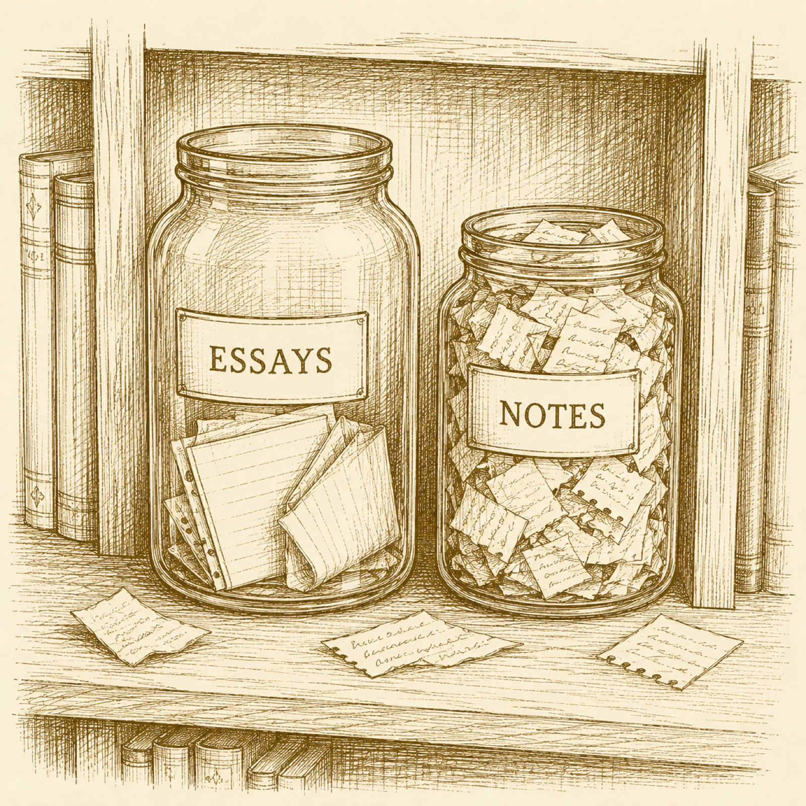 Two glass jars labelled "essays" and "notes" on a bookshelf; the smaller "notes" jar is packed with many small paper scraps.