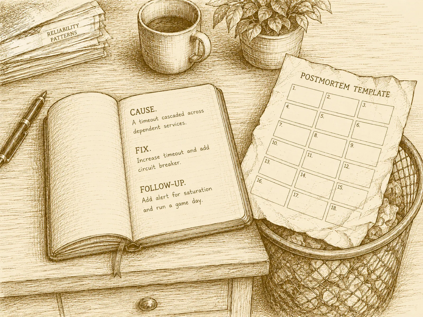 An editor's desk: a small notebook with three short headings — Cause, Fix, Follow-up — beside a crumpled corporate "postmortem template" form in a wastepaper basket.
