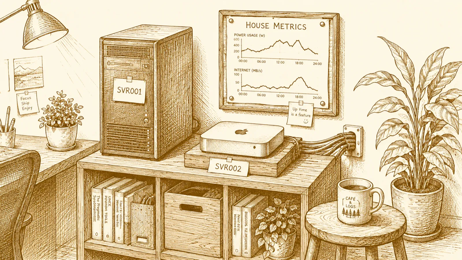 A corner of a home office: a server tower and a small Mac mini on wooden shelving, labelled "SVR001" and "SVR002", a "House Metrics" framed chart above showing power and internet line graphs, plants, a "Café & Logs" mug on a stool, an "Up time is a feature" post-it.