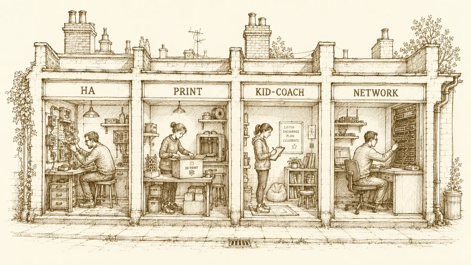 Four small specialist workshops side by side, each labelled for a different domain, a single attendant in each.