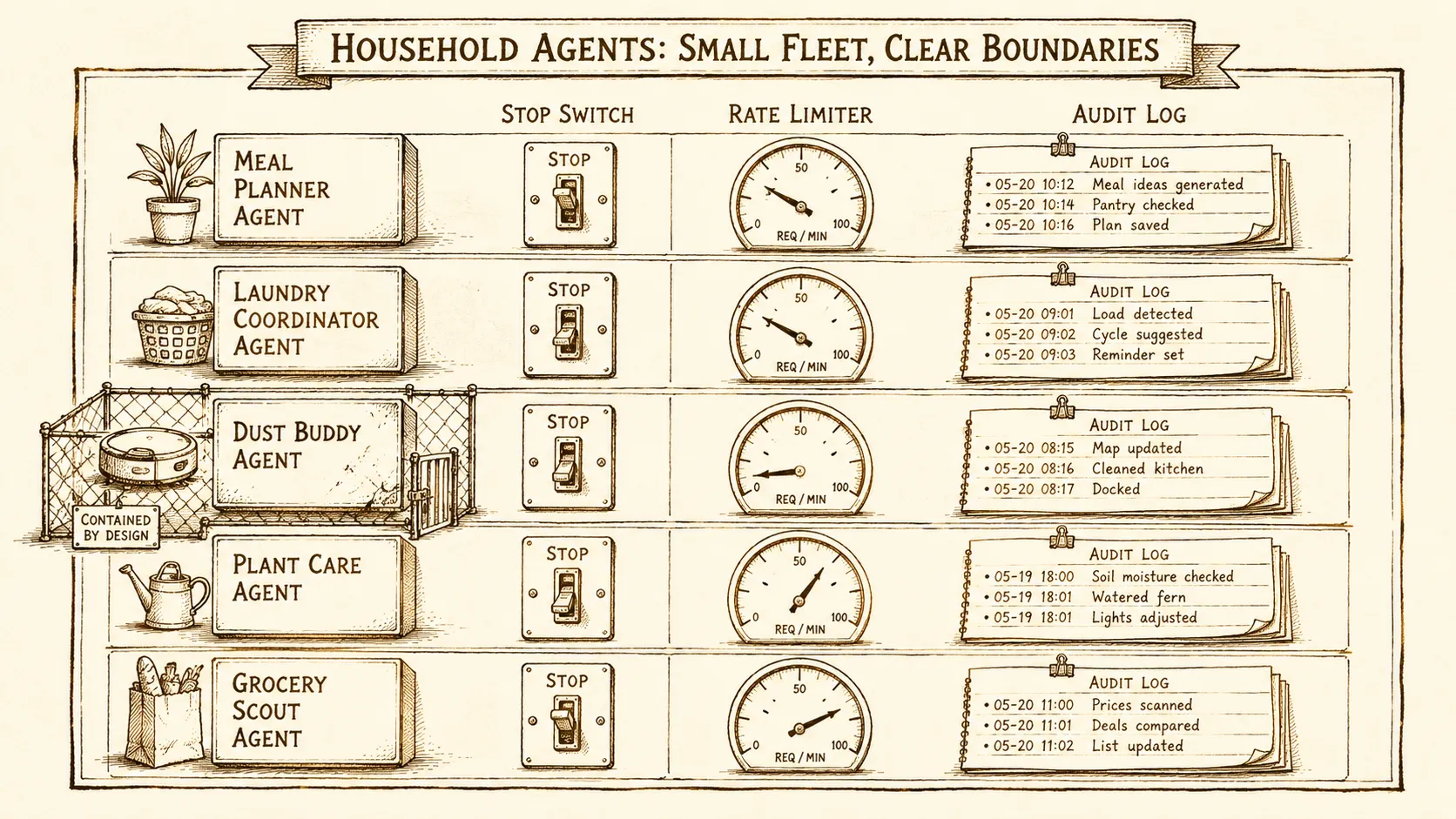 A hand-drawn schematic of a small group of household agents inside separate boxed lanes, each with a visible stop switch, rate limiter, and audit log.