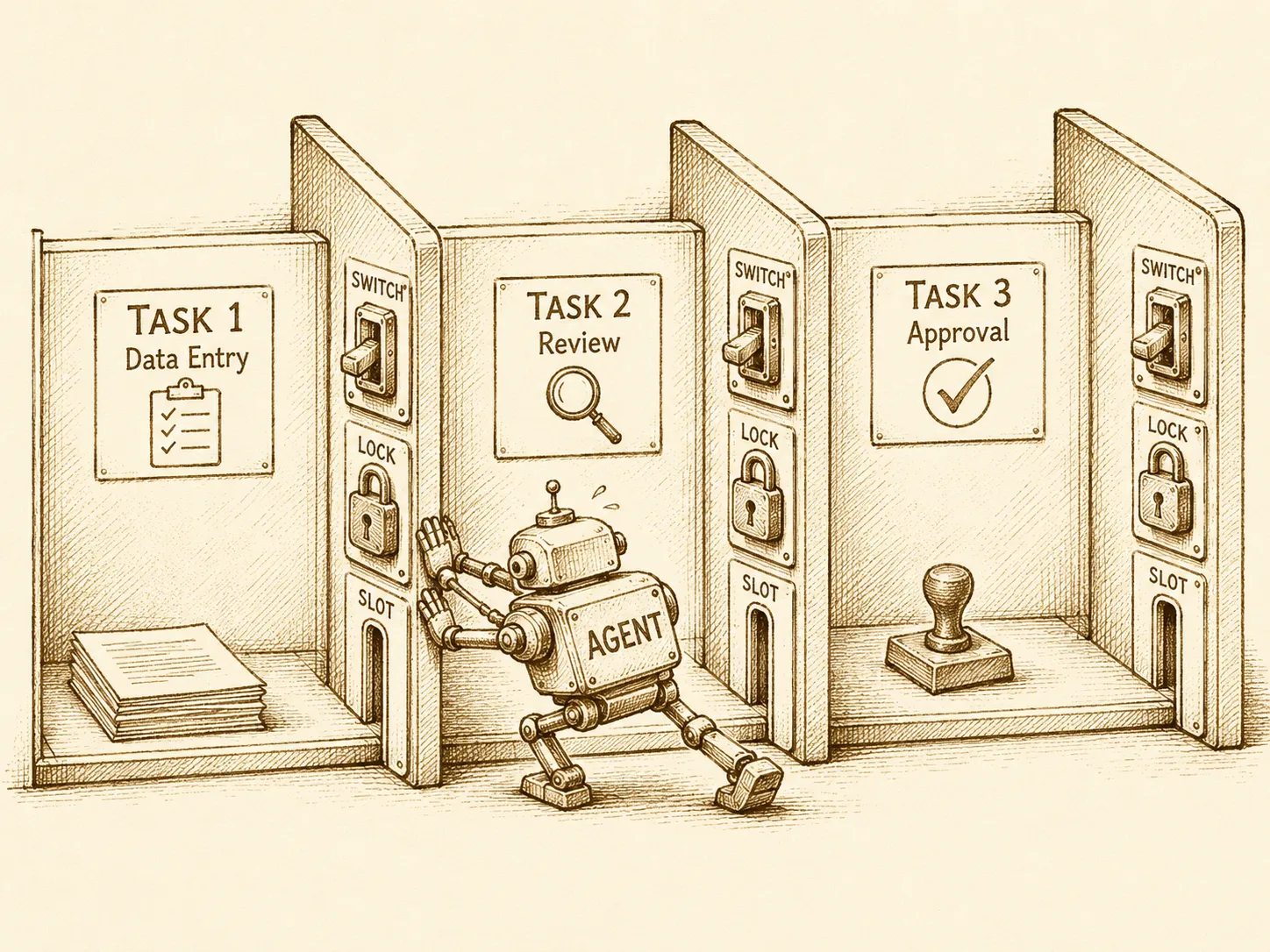 A hand-drawn sketch of one agent trying to spill into neighbouring tasks but being stopped by clear boundaries and switches.