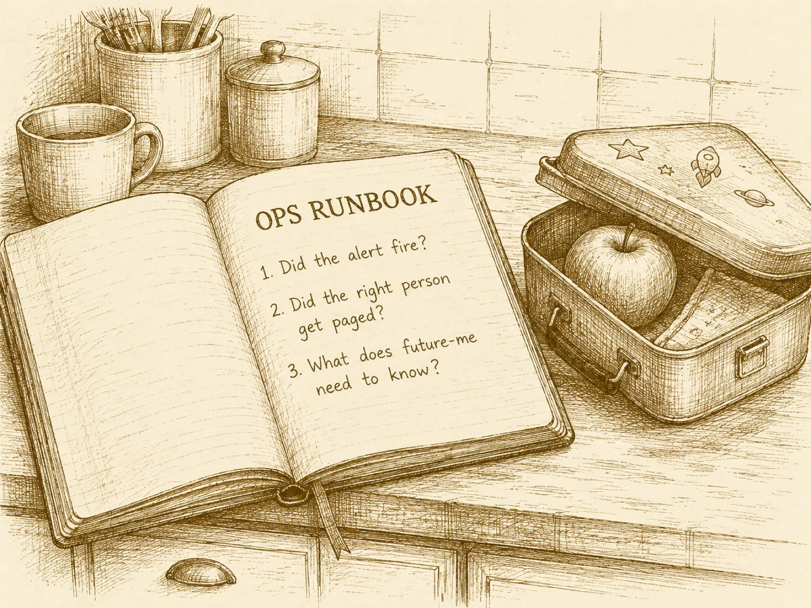 A weathered notebook titled "OPS RUNBOOK" open on a kitchen worktop next to a child's lunchbox.