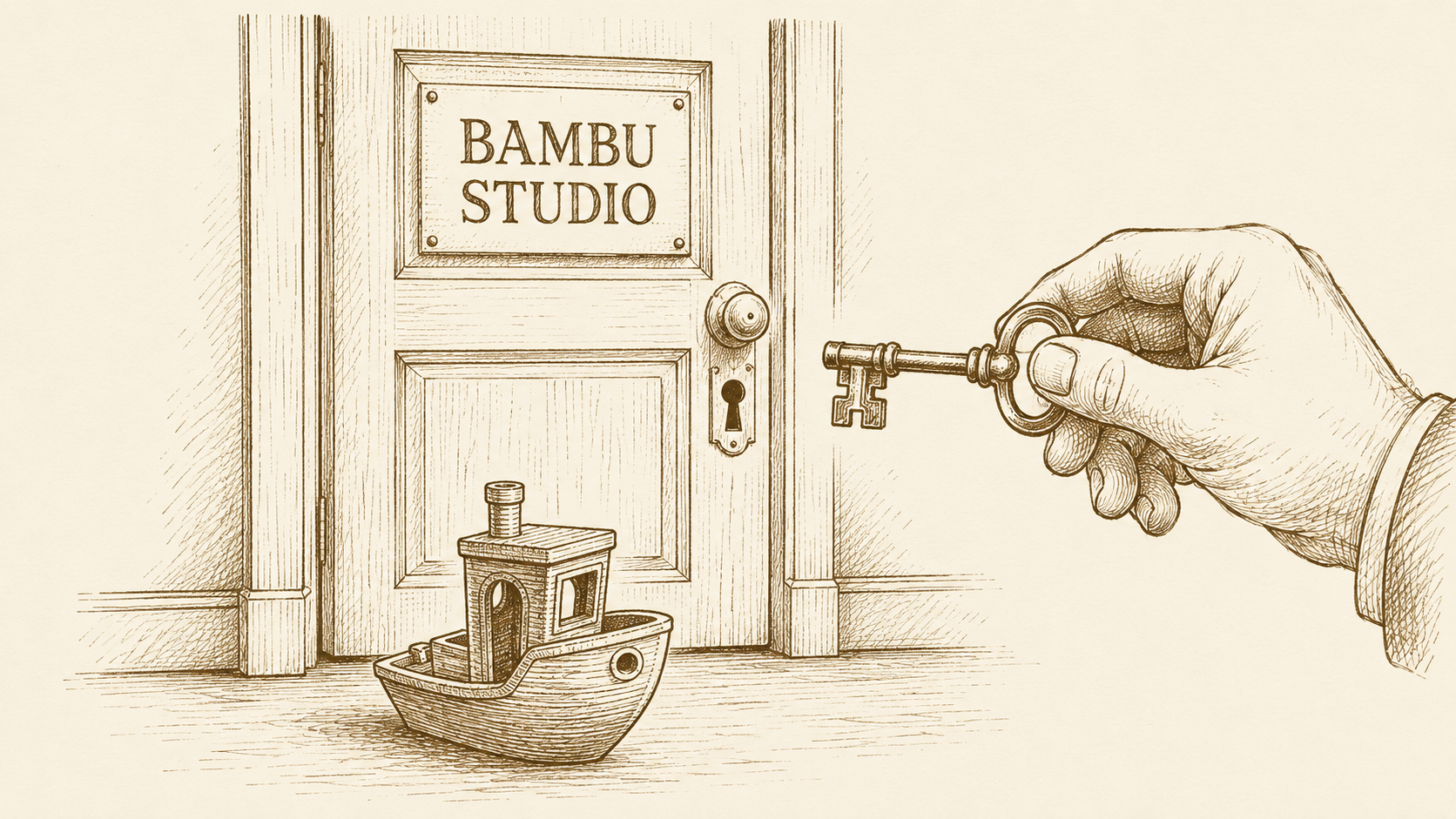 An ink sketch of a closed door marked "Bambu Studio" with a 3D-printed object in front of it and a hand holding a key that doesn't fit.
