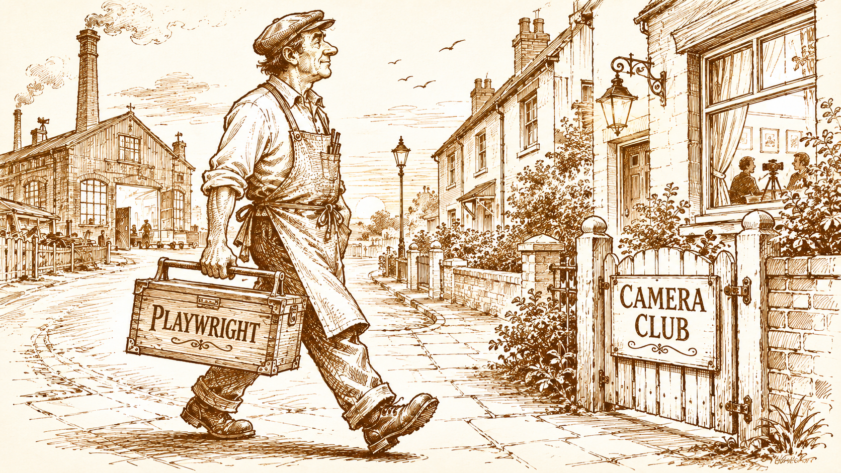 A tradesman walks home from work carrying a labelled toolbox marked "PLAYWRIGHT"