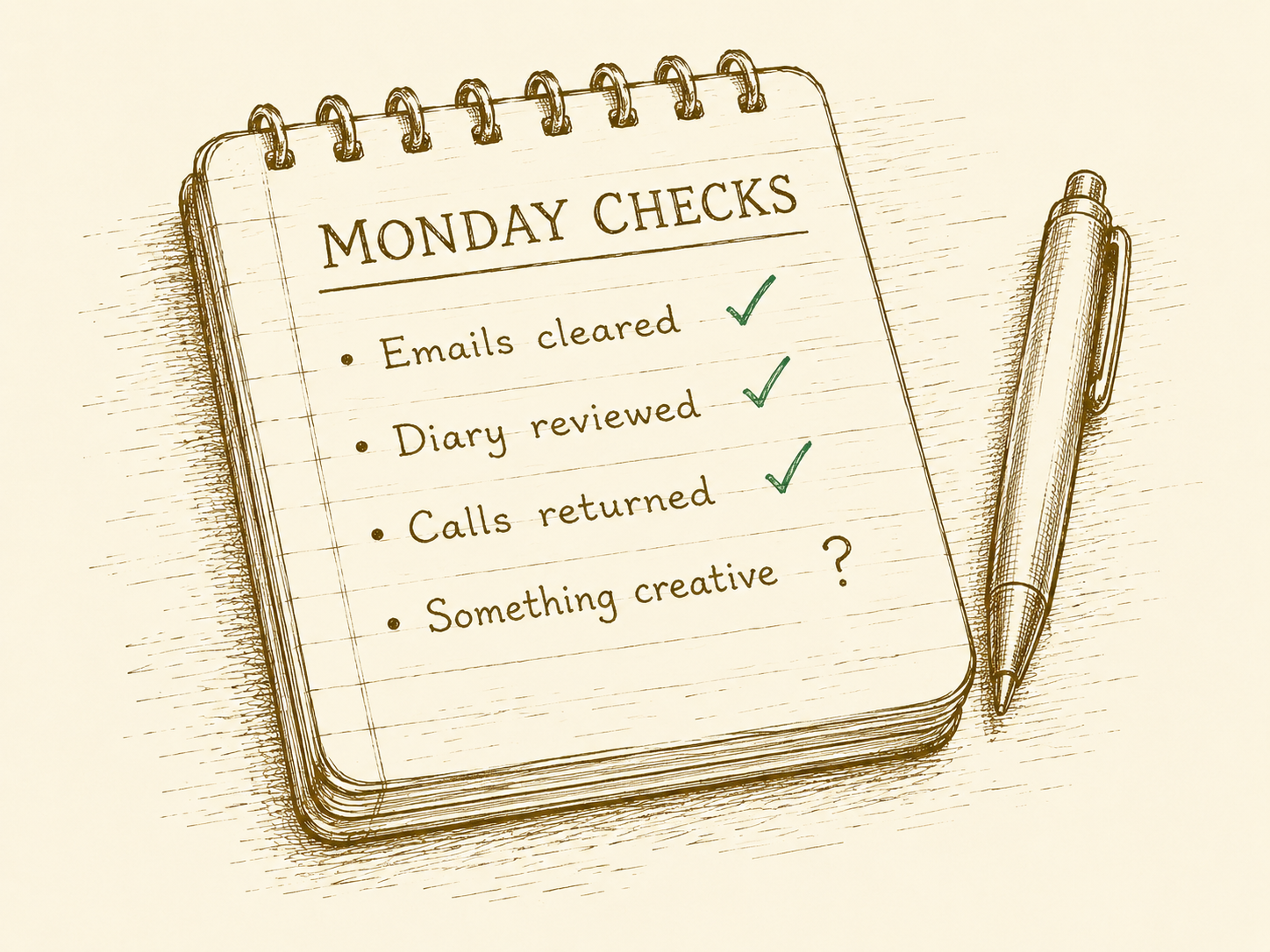 A small notebook page titled "MONDAY CHECKS" with four short bullet points and three green ticks; a fourth bullet has a question mark