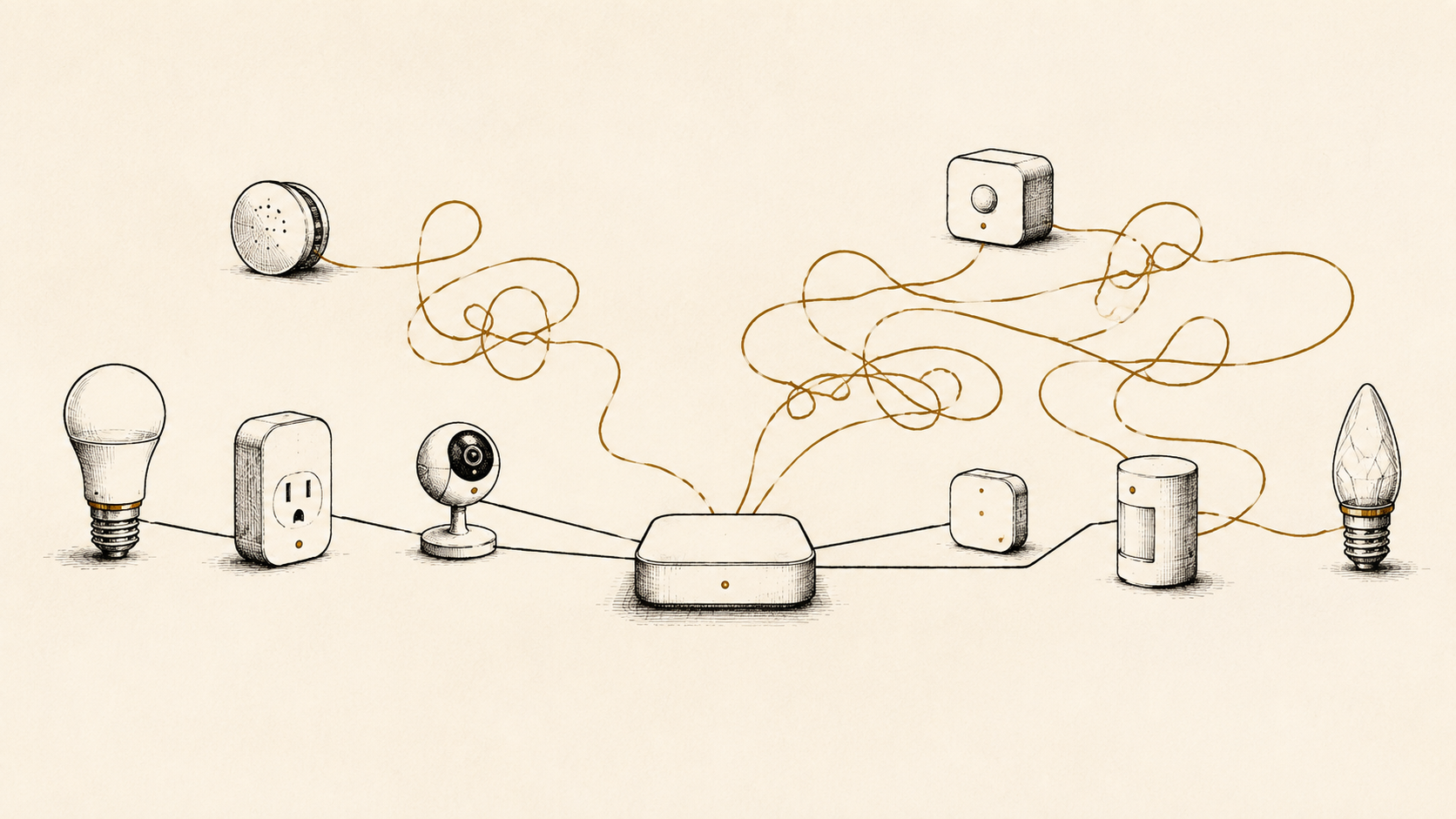 Smart-home devices connect to one gateway through threads of sharply differing complexity.