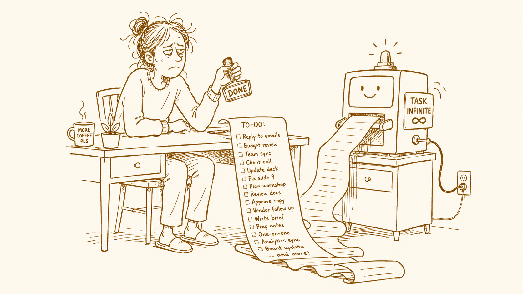 A tired person at a desk holds a rubber stamp marked DONE, poised but not stamping, over a to-do list that unspools off the desk and pools on the floor while a small machine keeps feeding more items onto the top.