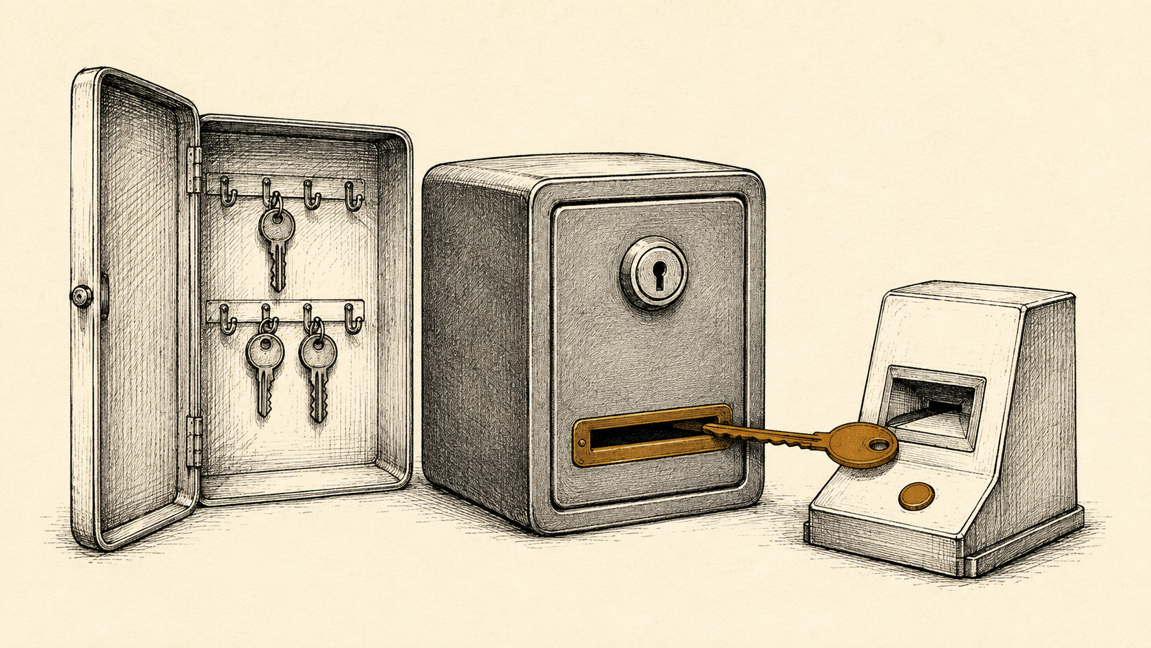 A shared key cabinet is separated from a machine receiving only one restricted key.