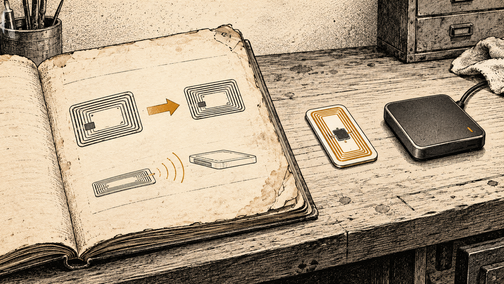 An old hardware guide points towards an obsolete RFID tag while a newer tag and reader sit beyond it.