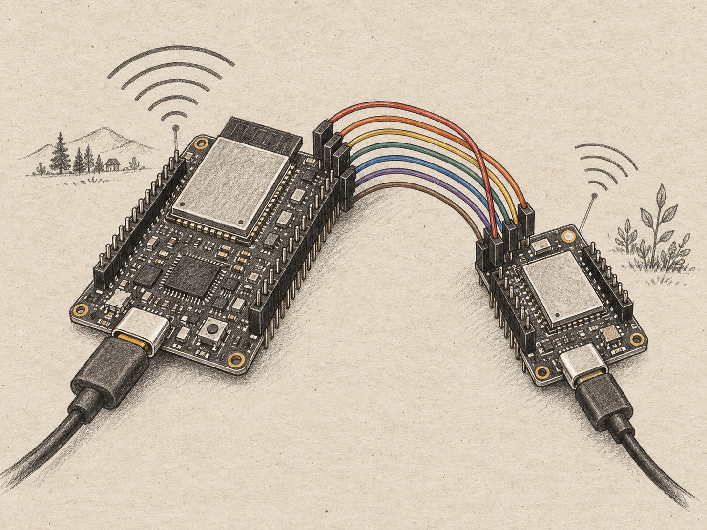 Paper-and-ink illustration of the ESP32-S3 and ESP32-C6 access point joined by jumper wires.