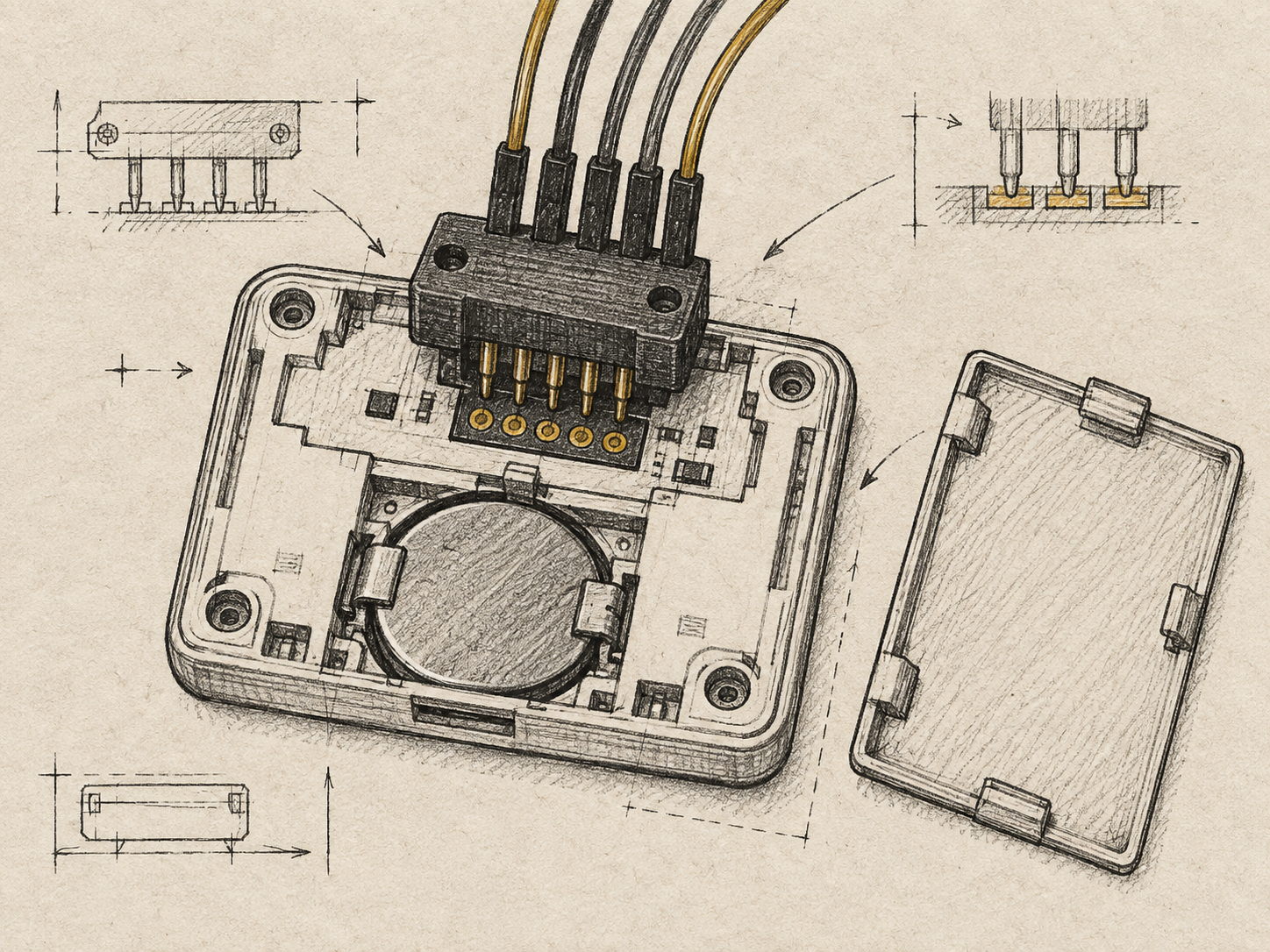 Paper-and-ink technical illustration of the label's test pads and pogo-pin flashing jig.