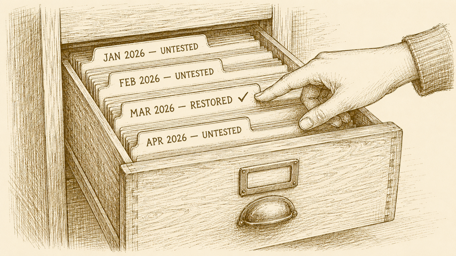 A filing drawer of dated backup folder tabs, most marked "untested" and one marked "restored ✓"; a hand reaches toward the tested one.