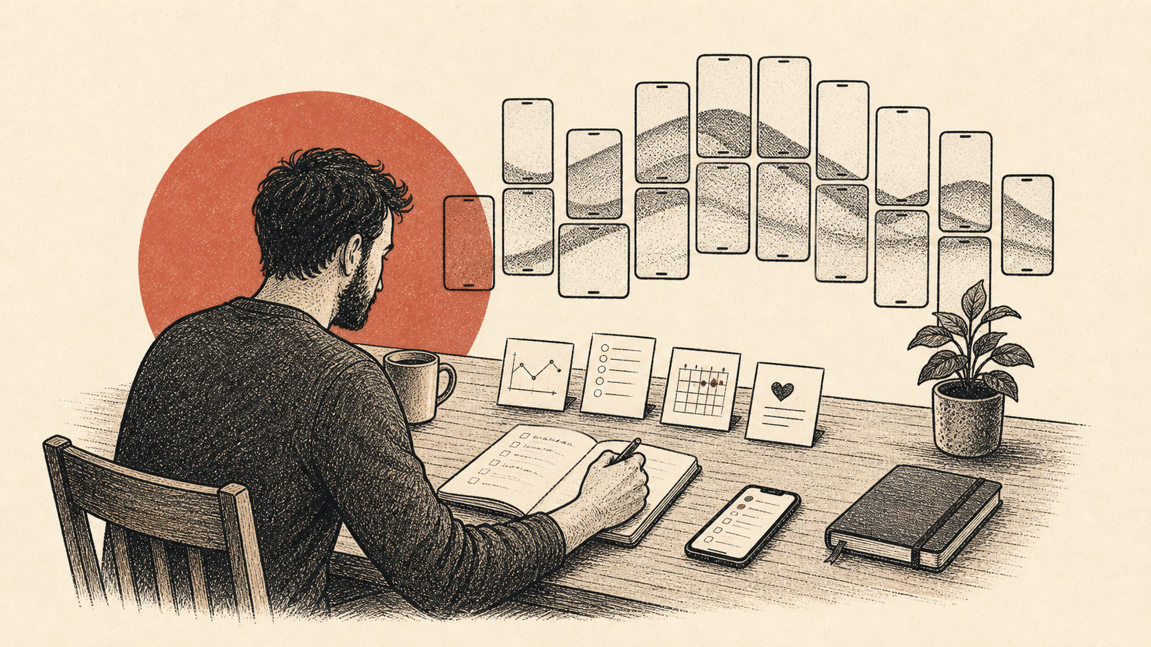 A quiet desk scene where phones align into a shared grid behind notes and data cards, suggesting AI reducing cognitive load for a family.