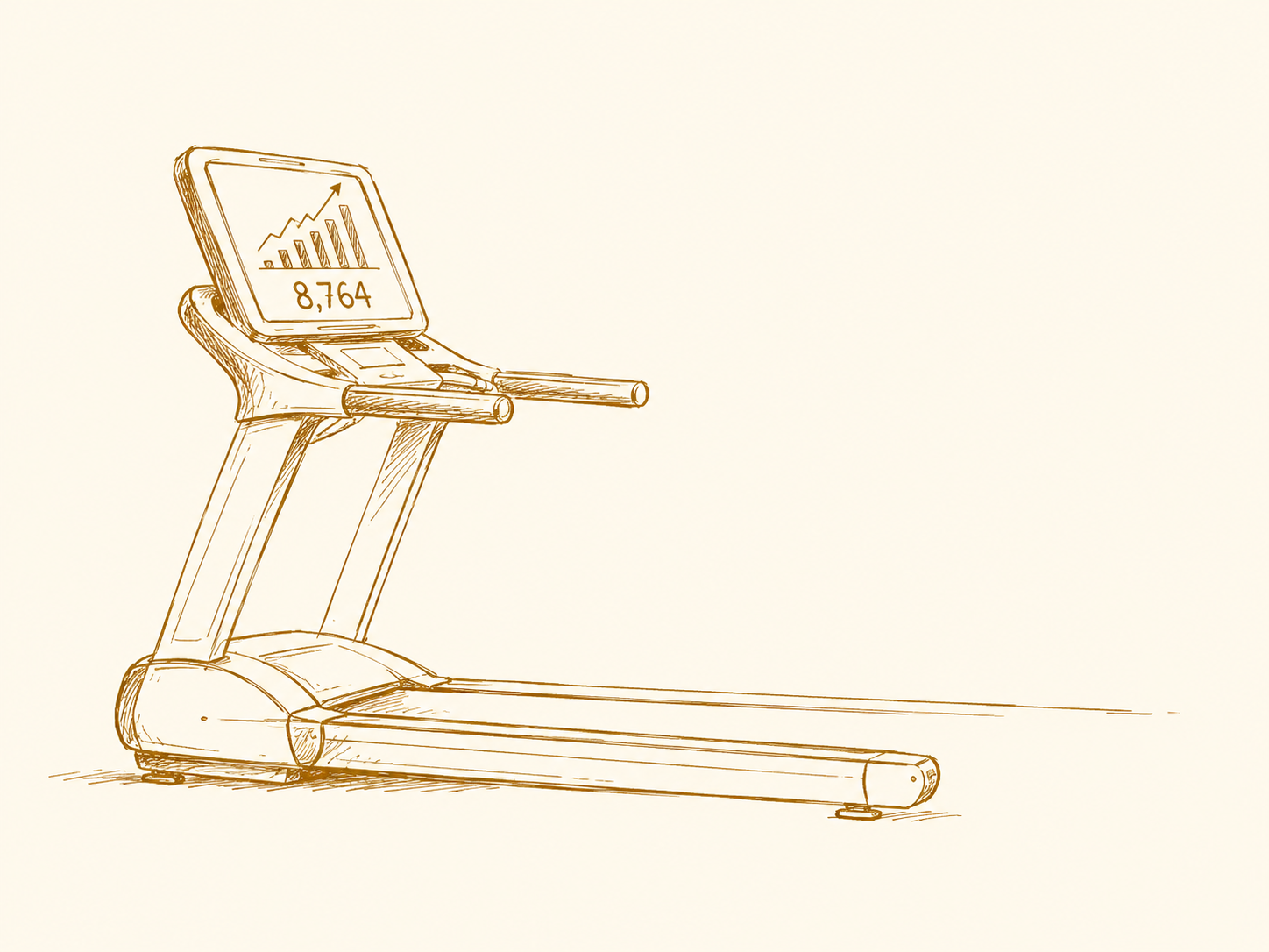 A pen-and-ink treadmill whose console shows a climbing counter, its belt running off into empty space with no runner on it.