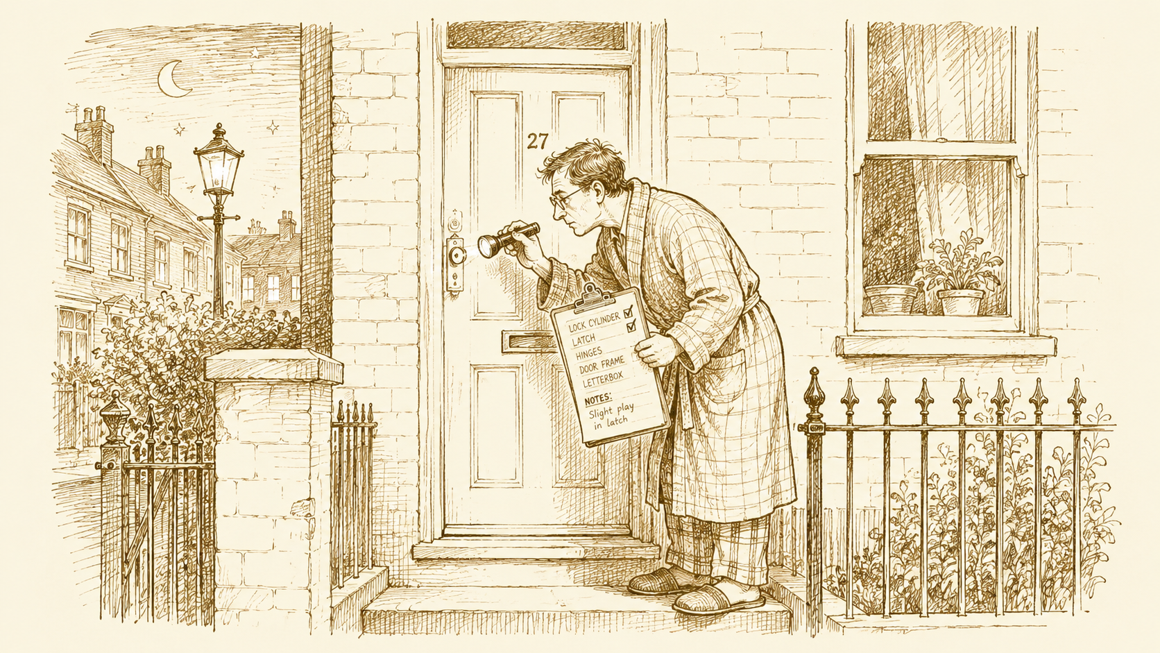 A man in a dressing gown at night checking the locks on his own front door with a torch and a clipboard, like an inspector auditing his own house.