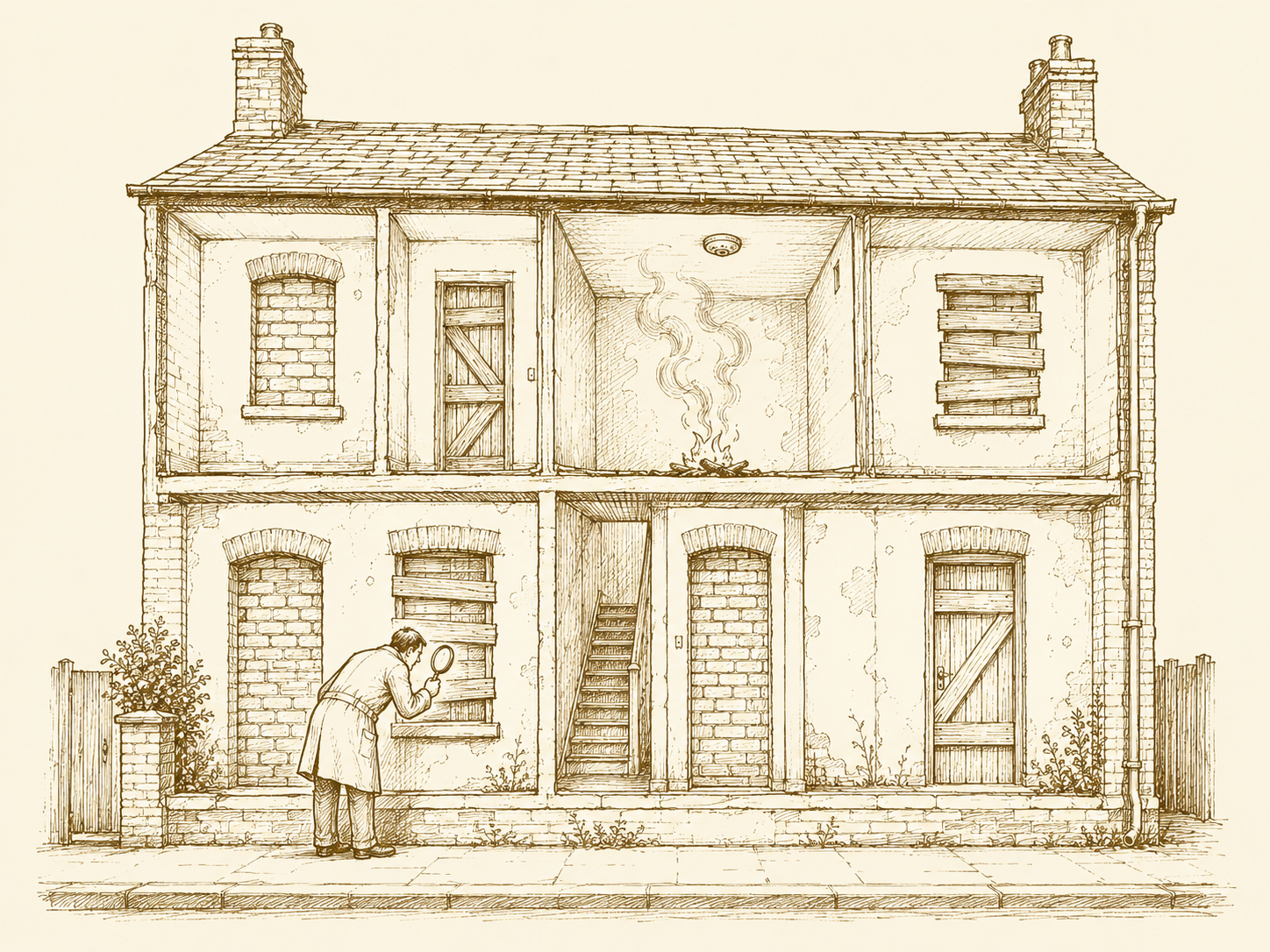 A cutaway of a house with every door and window sealed shut, except one upstairs room quietly smouldering while a silent smoke alarm hangs on the ceiling; outside, a man calmly insp