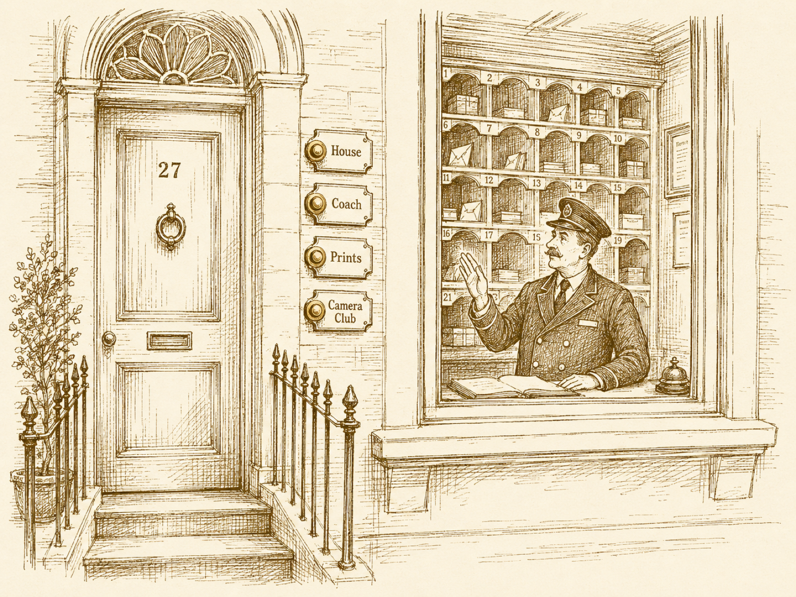 A townhouse front door with multiple labelled bell-pulls; through a window a concierge directs visitors to a wall of pigeon-holes.