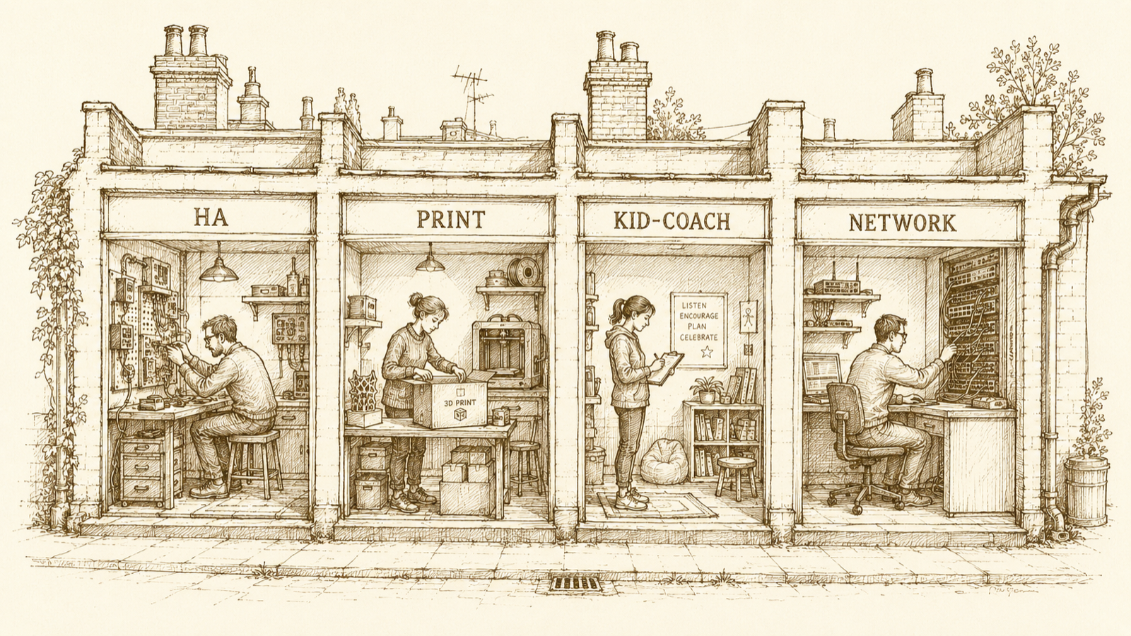 Four small specialist workshops side by side, each labelled for a different domain, a single attendant in each.
