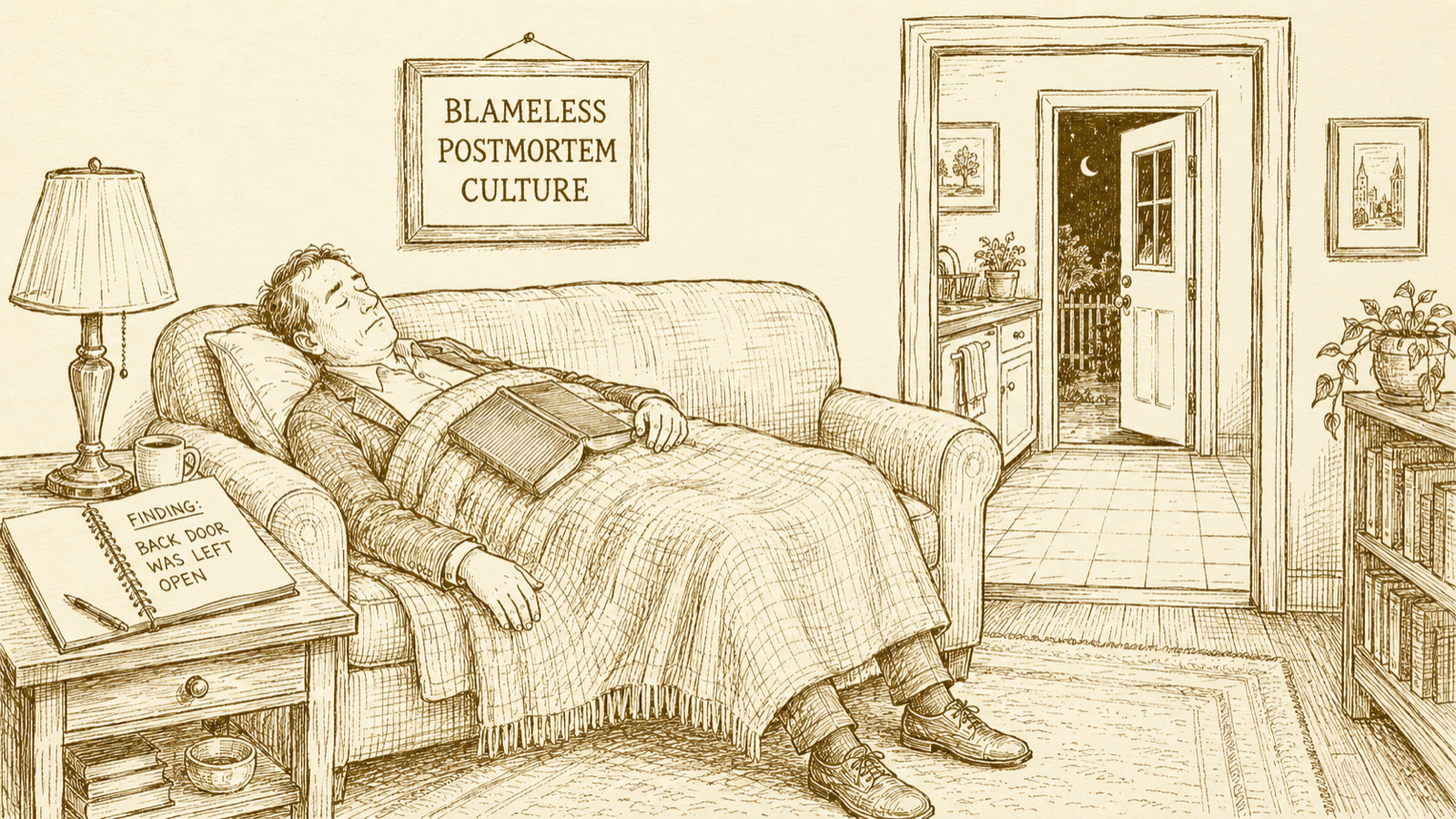 A man asleep on a sofa under a blanket, beneath a framed sign reading "Blameless Postmortem Culture"; on a side table, an open notebook shows the finding "back door was left open."