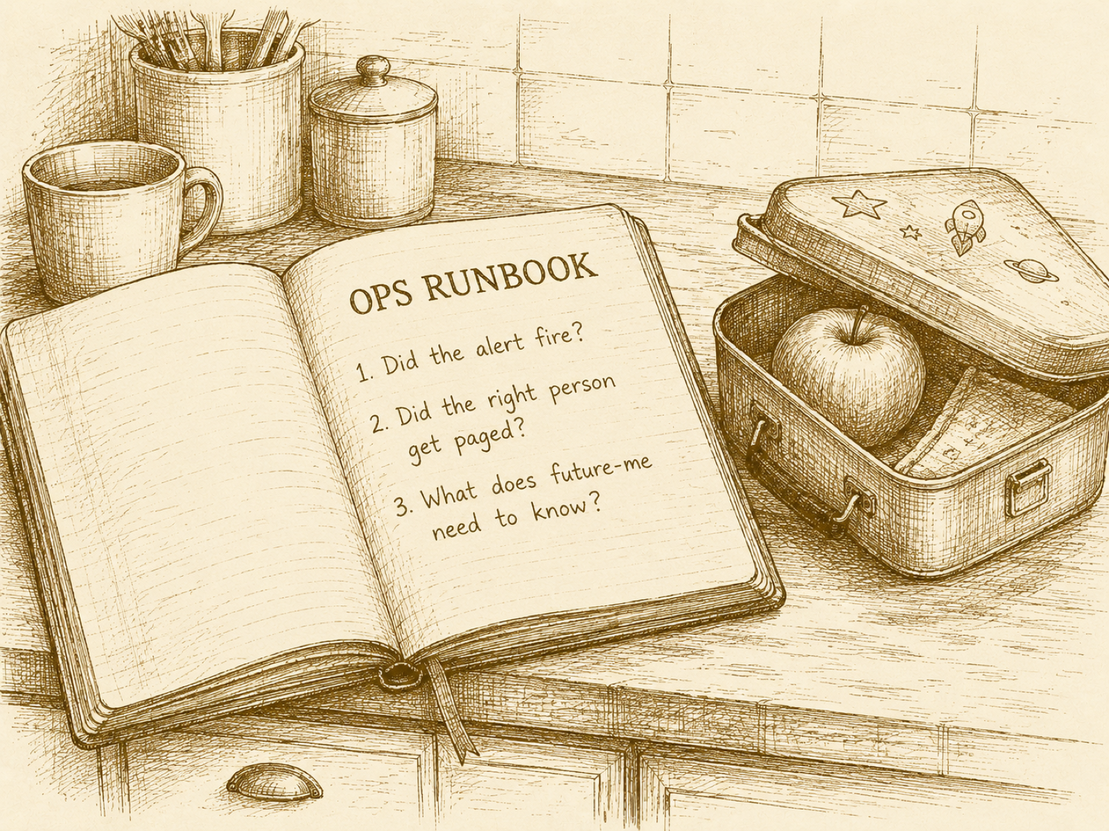 A weathered notebook titled "OPS RUNBOOK" open on a kitchen worktop next to a child's lunchbox.